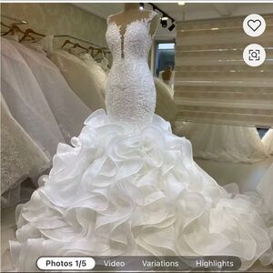 White Lace Mermaid Ballgown Wedding Dress with Ruffled Organza Skirt